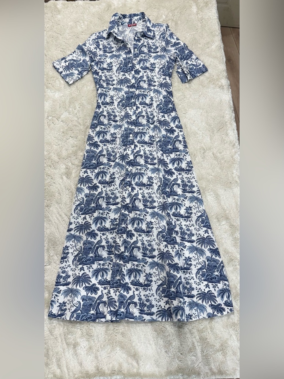 Staud Wells Blue White Toile Print Shirt Dress Maxi Size Small Tropical Palm NWT - Picture 2 of 7